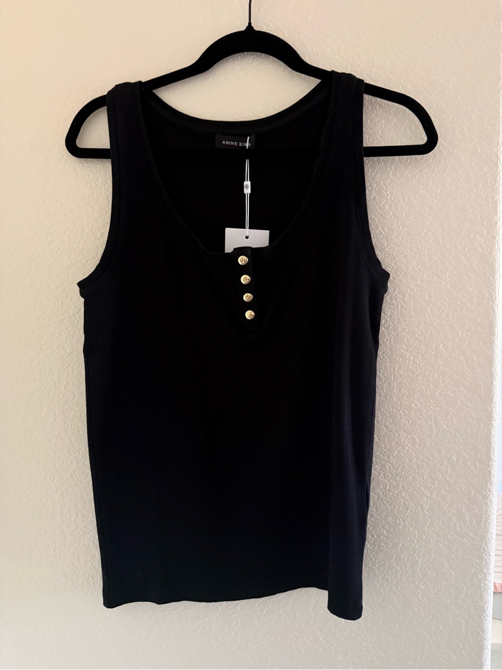 Anine Bing Alessia Ribbed Tank Black with Gold Buttons